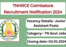 TNHRCE Coimbatore Recruitment Notification 2024- Junior Assistant Posts